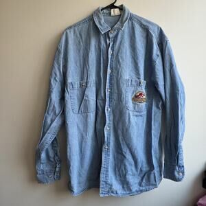 VTG Jurassic Park Denim L Shirt Universal Studios Embroidered Jean Button Down